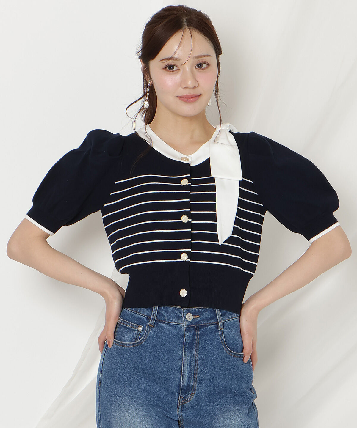 WILLSELECTION「リボンパフカーディガン」|カーディガン|Navy/borderｽﾄﾗｲﾌﾟ