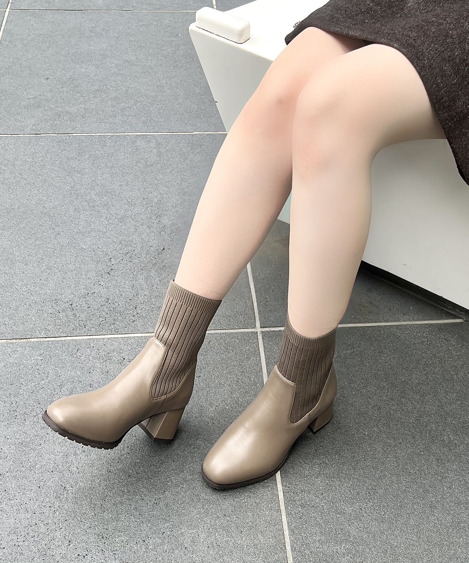 ORiental TRaffic「【 美脚 】スクエアトゥ ニット ヒール ブーツ /31403  足首柔らか ヒール6cm」|ショートブーツ|