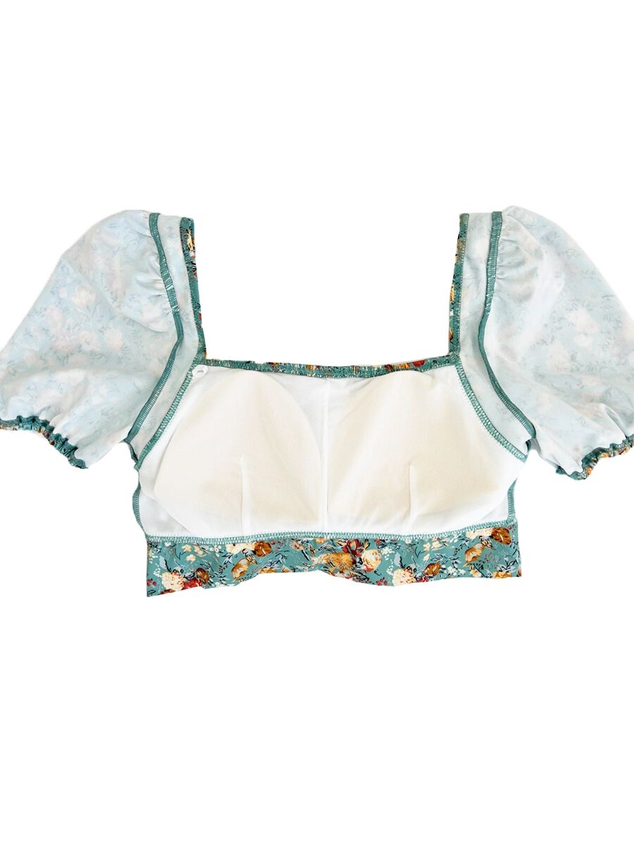 PEAK&PINE「レトロ小花柄バックリボンパフスリーブワンピ見えビキニ」|ビキニ|