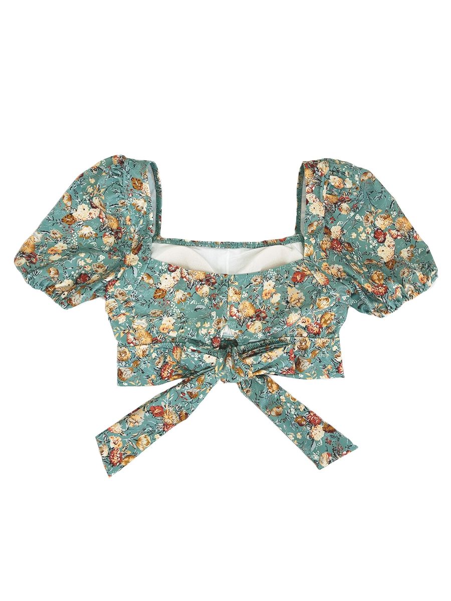 PEAK&PINE「レトロ小花柄バックリボンパフスリーブワンピ見えビキニ」|ビキニ|