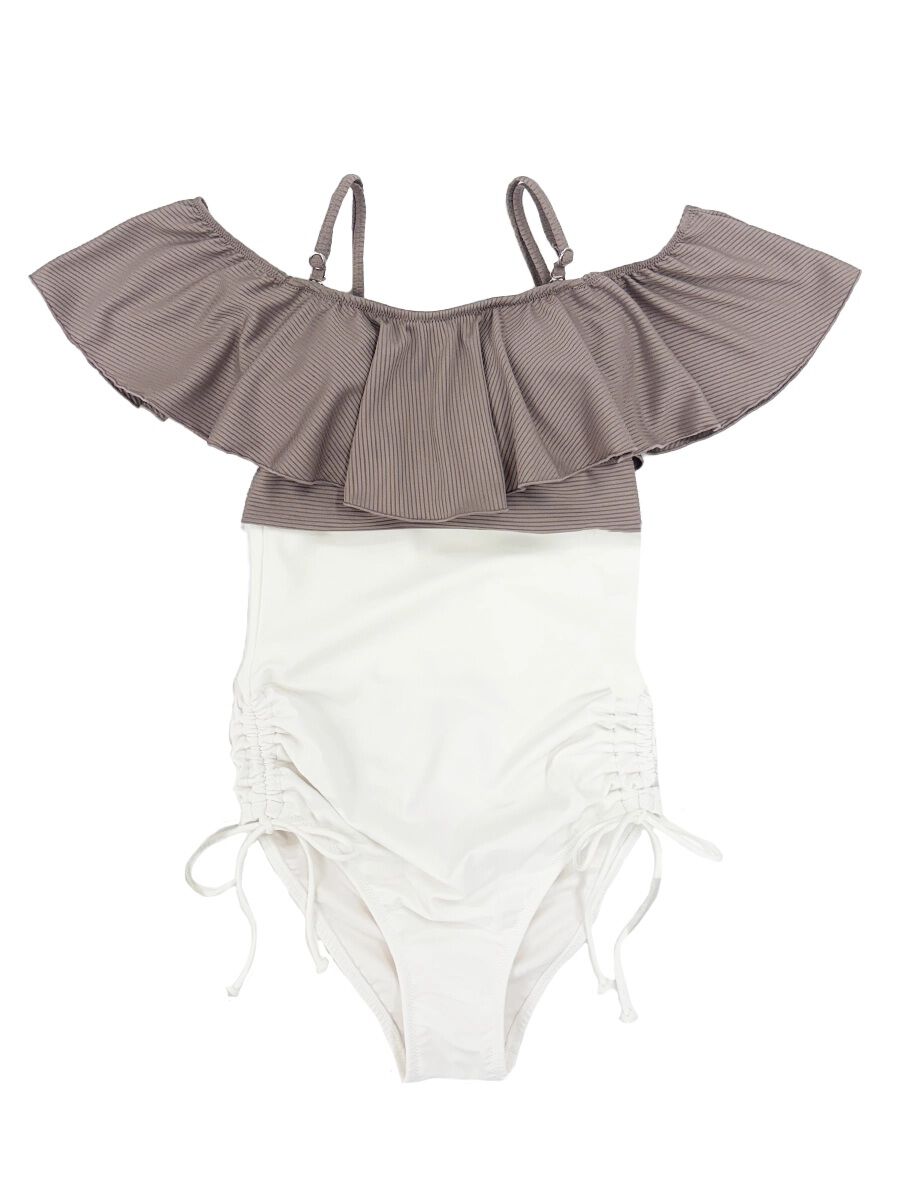 PEAK&PINE「無地オフショルダーワンピ見えビキニ」|ビキニ|チャコールグレー