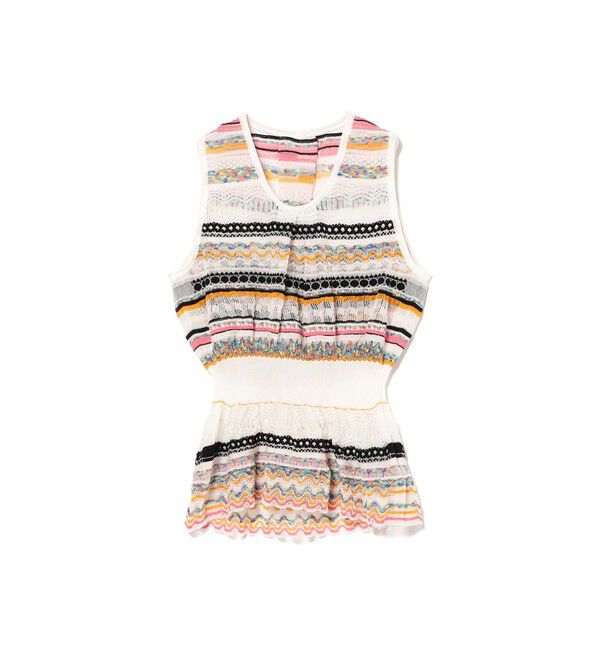 Ray BEAMS 「boussole / Sheer Mix 3D Lace-Jacquard Gathered Hem Tank」|ニット・セーター|White*PinkMix