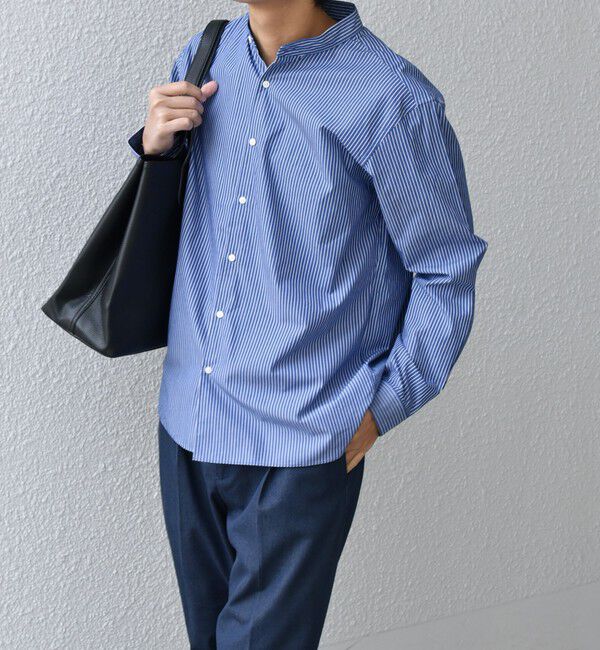 SHIPS any「SHIPS any: ストライプ / ソリッド リラックス バンドカラー シャツ 25AW◇」|シャツ・ブラウス|ダークブルー