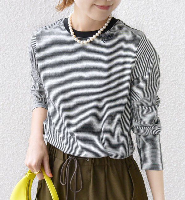 SHIPS for women「【WEB限定】〈洗濯機可能〉刺繍 デザイン ボーダー リンガー TEE」|Tシャツ・カットソー|ブラック