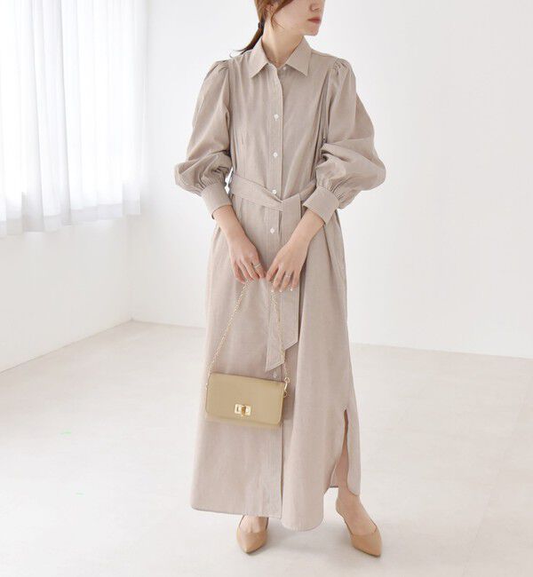 quaranciel「quaranciel:〈洗濯機可能〉シャンブレー パフ ロング シャツ ワンピース」|ワンピース|ベージュ