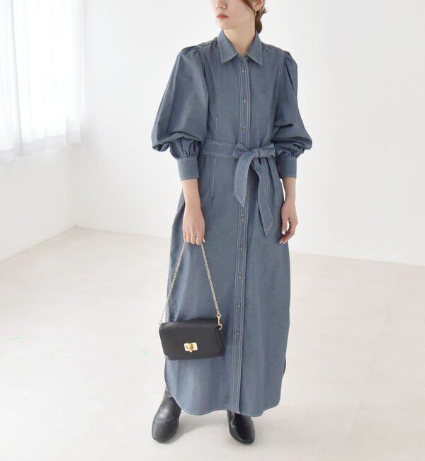 quaranciel「quaranciel:〈洗濯機可能〉シャンブレー パフ ロング シャツ ワンピース」|ワンピース|