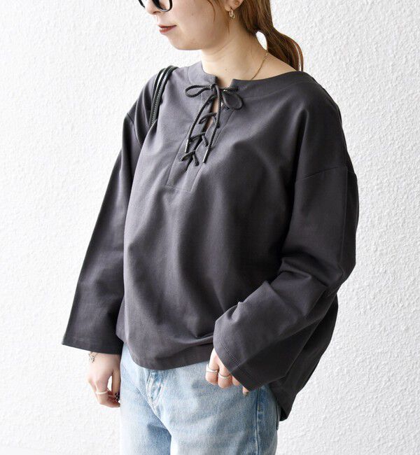 SHIPS any「SHIPS any:〈洗濯機可能〉インレイ レースアップ ロングスリーブ プルオーバー」|Tシャツ・カットソー|