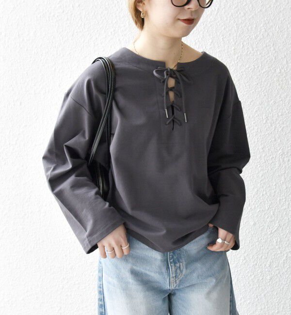 SHIPS any「SHIPS any:〈洗濯機可能〉インレイ レースアップ ロングスリーブ プルオーバー」|Tシャツ・カットソー|
