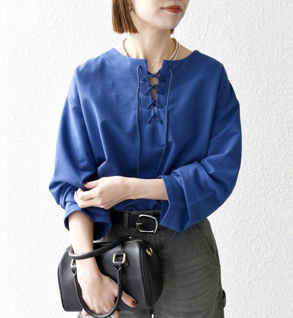 SHIPS any「SHIPS any:〈洗濯機可能〉インレイ レースアップ ロングスリーブ プルオーバー」|Tシャツ・カットソー|