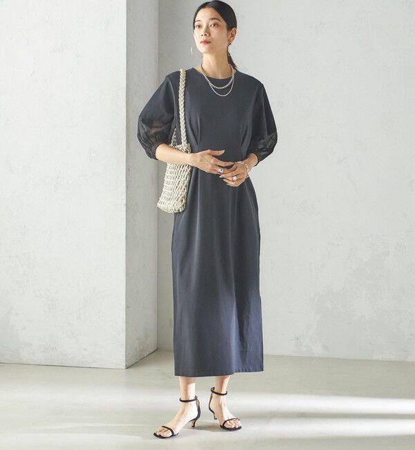 SHIPS for women「〈手洗い可能〉シアー スリーブ 切替 ジャージー ワンピース」|ワンピース|