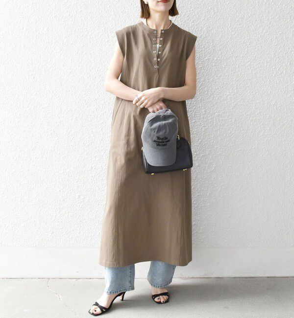 SHIPS any「SHIPS any:〈洗濯機可能〉USAコットン ヘンリーネック Aライン ワンピース」|ワンピース|オリーブ