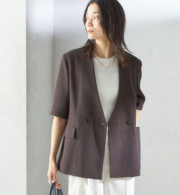 SHIPS for women「〈手洗い可能〉カラミ ノーラペル 半袖 ジャケット」|ノーカラージャケット|ブラウン