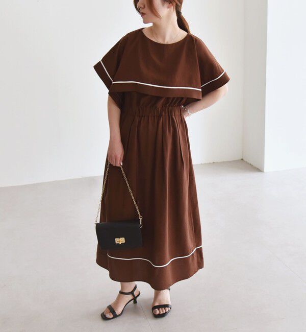 quaranciel「quaranciel:〈洗濯機可能〉ケープデザイン パイピング ワンピース」|ワンピース|ブラウン