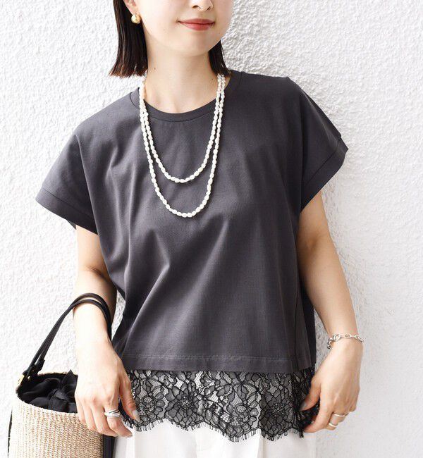 SHIPS for women「【WEB限定】〈手洗い可能〉裾 レース コンビ プルオーバー」|Tシャツ・カットソー|チャコールグレー