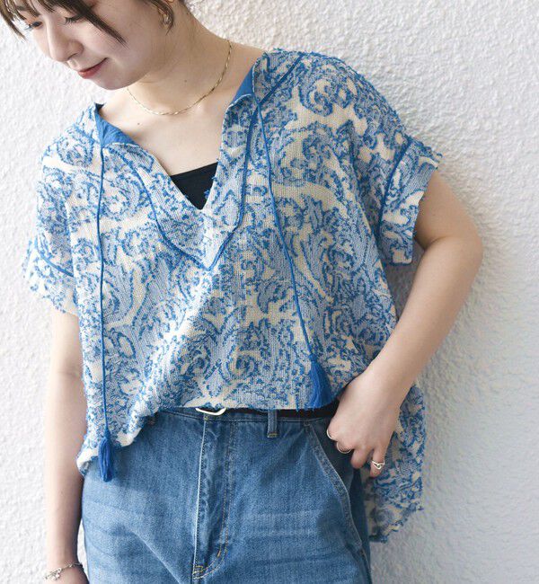 SHIPS any「SHIPS any:〈手洗い可能〉メッシュ ジャカード カフタン スキッパー ブラウス」|シャツ・ブラウス|