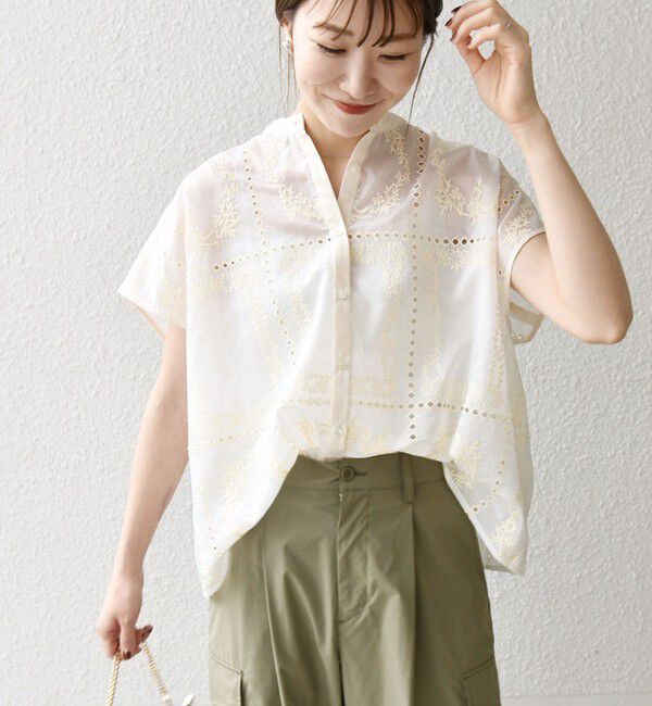 SHIPS any「SHIPS any:〈手洗い可能〉エンブロイダリー レース シアー フレンチスリーブ シャツ」|シャツ・ブラウス|