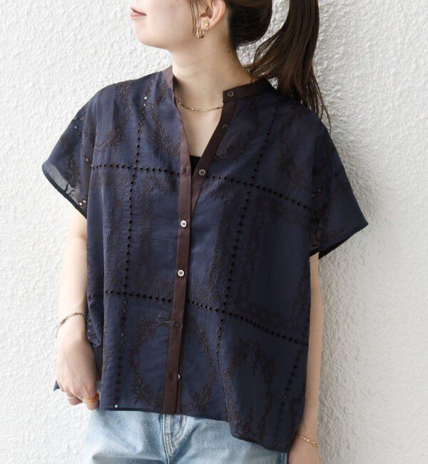 SHIPS any「SHIPS any:〈手洗い可能〉エンブロイダリー レース シアー フレンチスリーブ シャツ」|シャツ・ブラウス|ネイビー