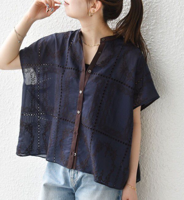 SHIPS any「SHIPS any:〈手洗い可能〉エンブロイダリー レース シアー フレンチスリーブ シャツ」|シャツ・ブラウス|