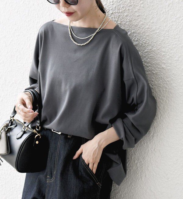 SHIPS any「SHIPS any:〈接触冷感/汗染み防止加工/洗濯機可能〉ボートネック ワイド ロンTEE」|Tシャツ・カットソー|チャコールグレー