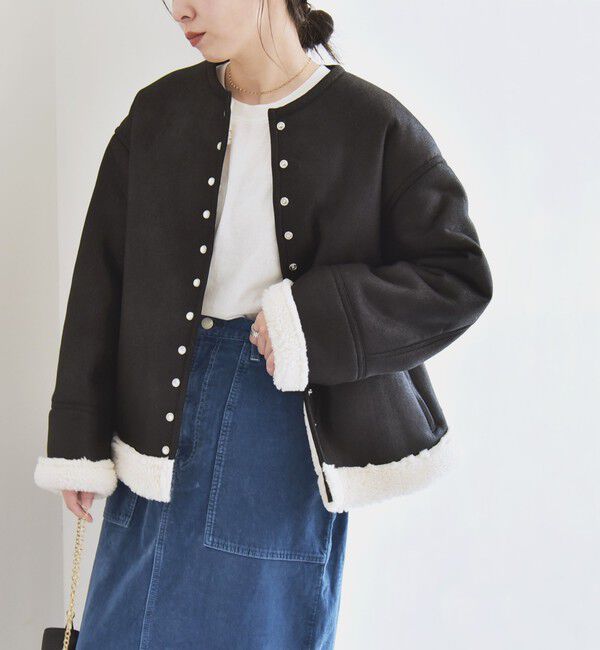 quaranciel「quaranciel: ムートンライク ボア ボンディング ノーカラー スナップ ブルゾン」|その他|