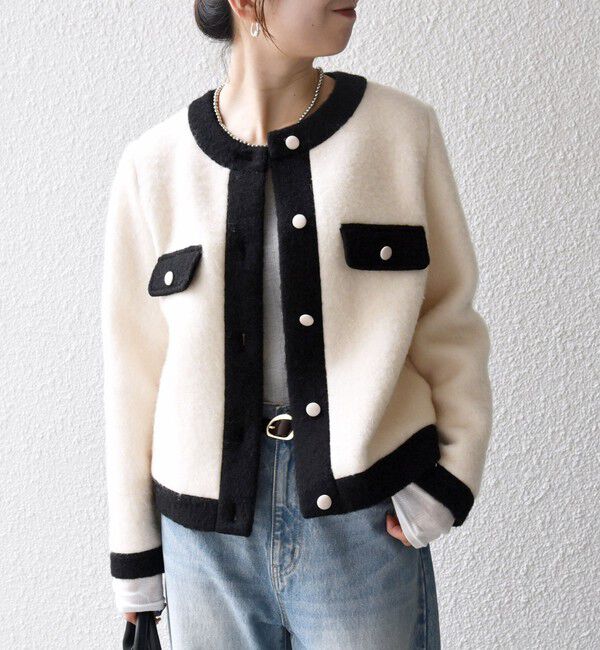 SHIPS any「SHIPS any: バイカラー クルーネック カーディガン ジャケット」|ノーカラージャケット|