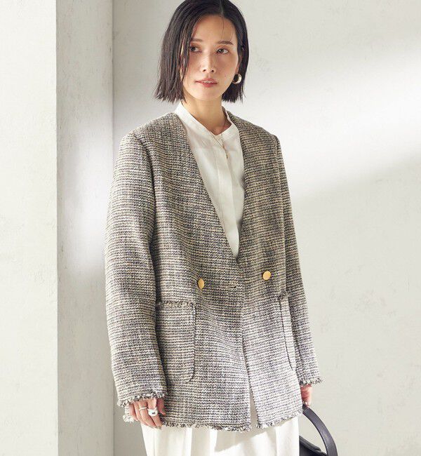 SHIPS for women「トライスピン 杢 ツイード カラーレス ジャケット（セレモニー対応可）」|ノーカラージャケット|