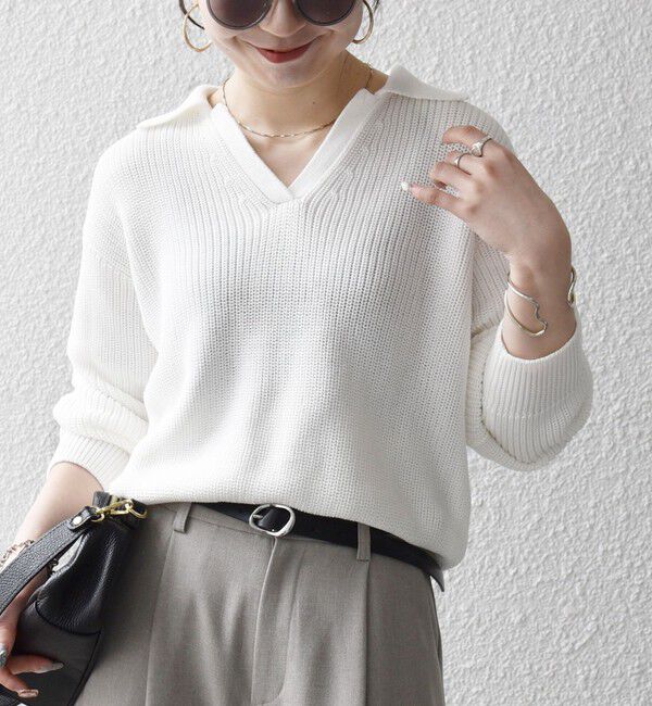 SHIPS any「SHIPS any:〈手洗い可能〉コットン ミックス スキッパー ポロ ニット プルオーバー」|ニット・セーター|