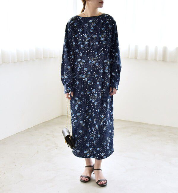 quaranciel「quaranciel: ドット フラワー プリント Iライン ギャザー ワンピース」|ワンピース|