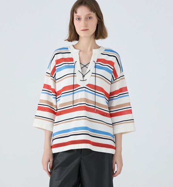 MACPHEE「パイルボーダー レースアッププルオーバー」|ニット・セーター|