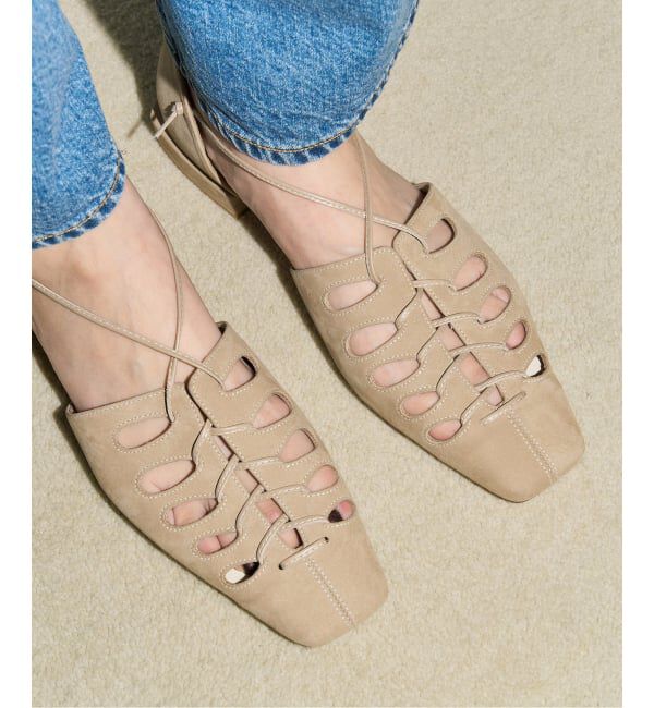 GRISE「《予約》GRISEレザースクエアカットワークレースアップフラット」|その他|ベージュ