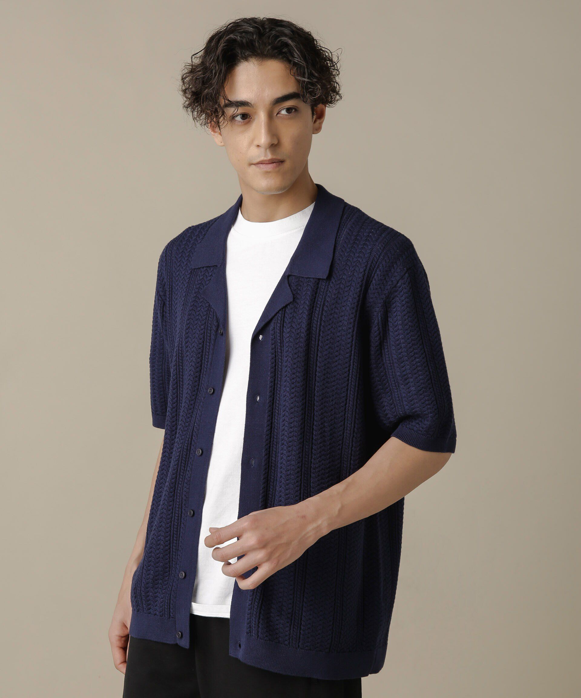 nano･universe「「NJ/CLUB」HOMESTOCKケーブルニットシャツ」|ニット・セーター|