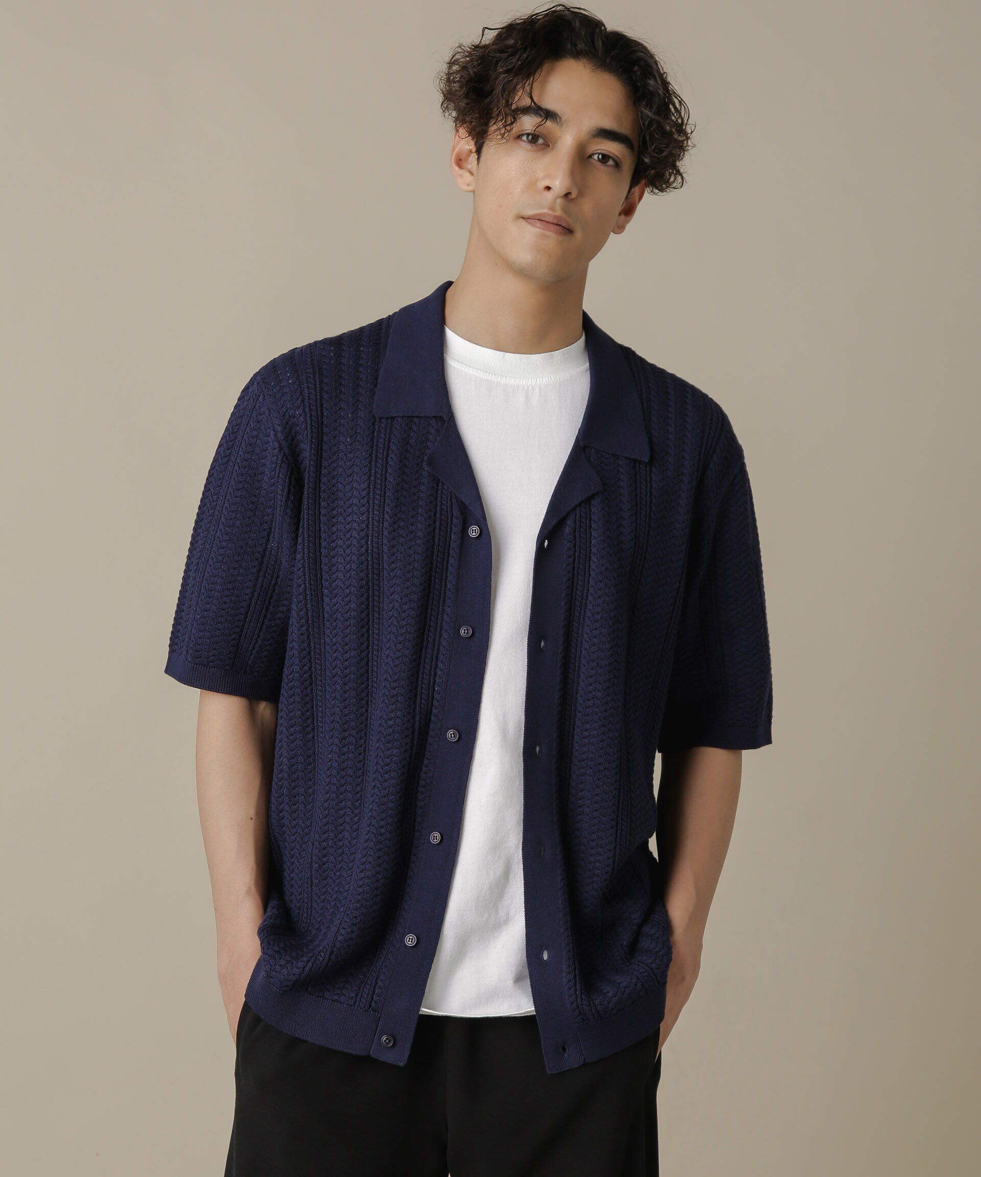 nano･universe「「NJ/CLUB」HOMESTOCKケーブルニットシャツ」|ニット・セーター|