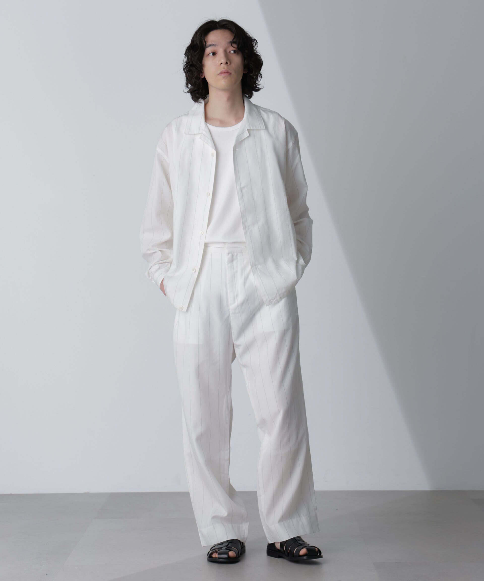 nano･universe「リネンブレンドピンストライプ1タックパンツ(セットアップ可)」|チノ|