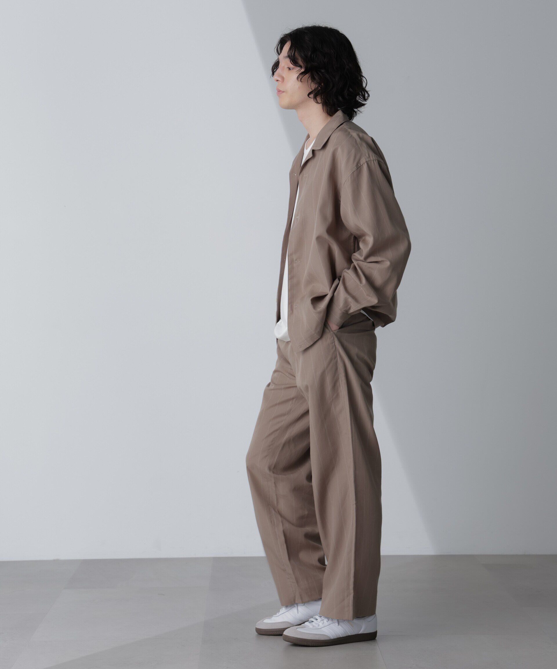 nano･universe「リネンブレンドピンストライプ1タックパンツ(セットアップ可)」|チノ|