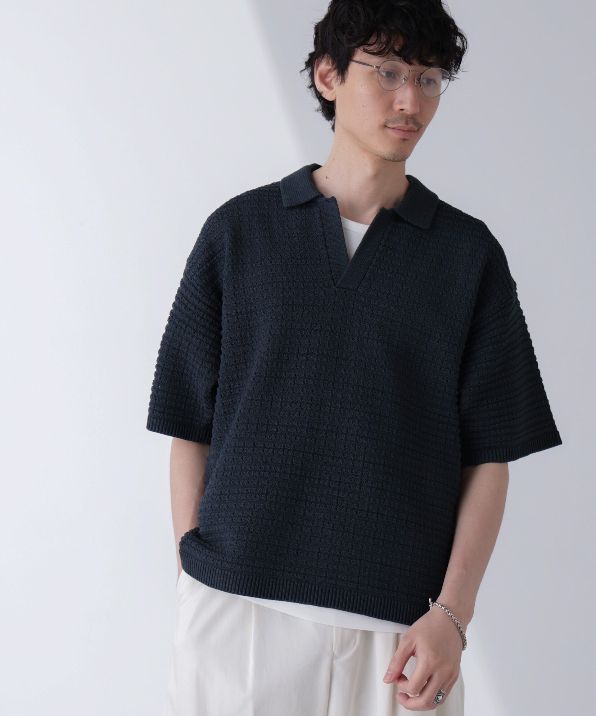 nano･universe「アイレットジャガードボーダーポロシャツ 半袖」|Tシャツ・カットソー|D.グリーン1