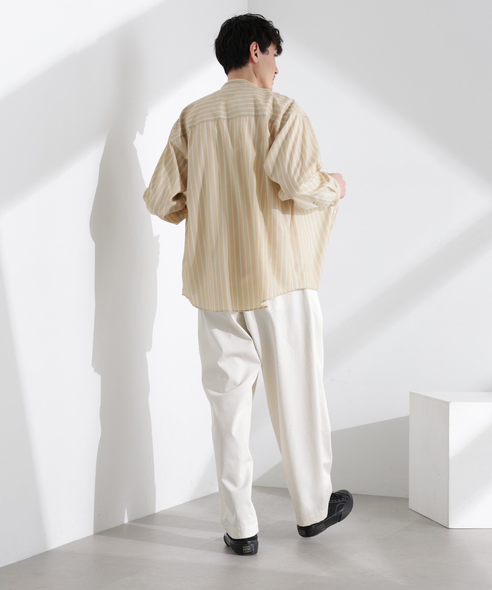 nano･universe「「大人のワイドシャツ」バンドカラー　ストライプ 長袖」|シャツ・ブラウス|