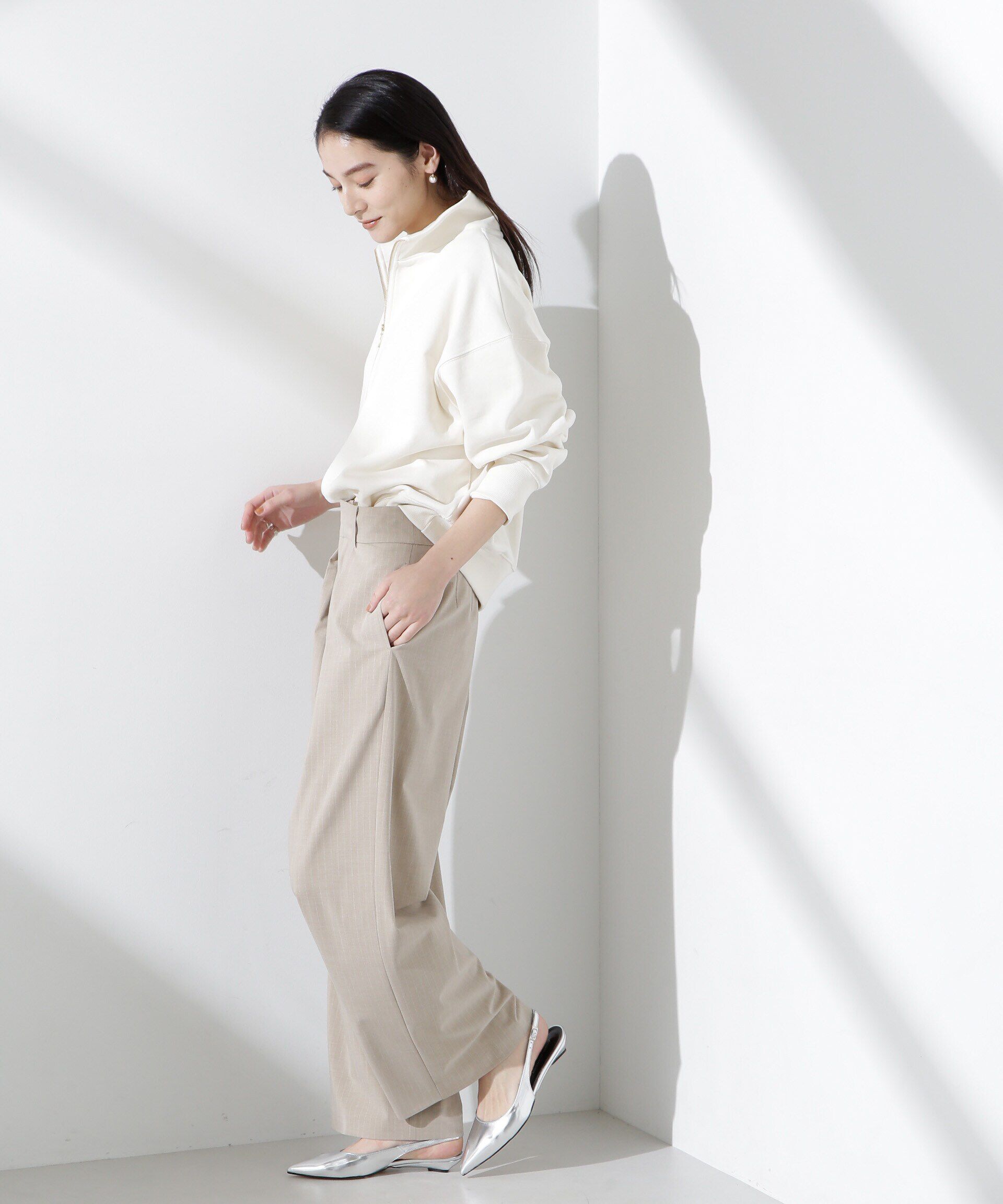 nano･universe「トロストレッチレイヤードタックワイドパンツ（セットアップ可）」|チノ|