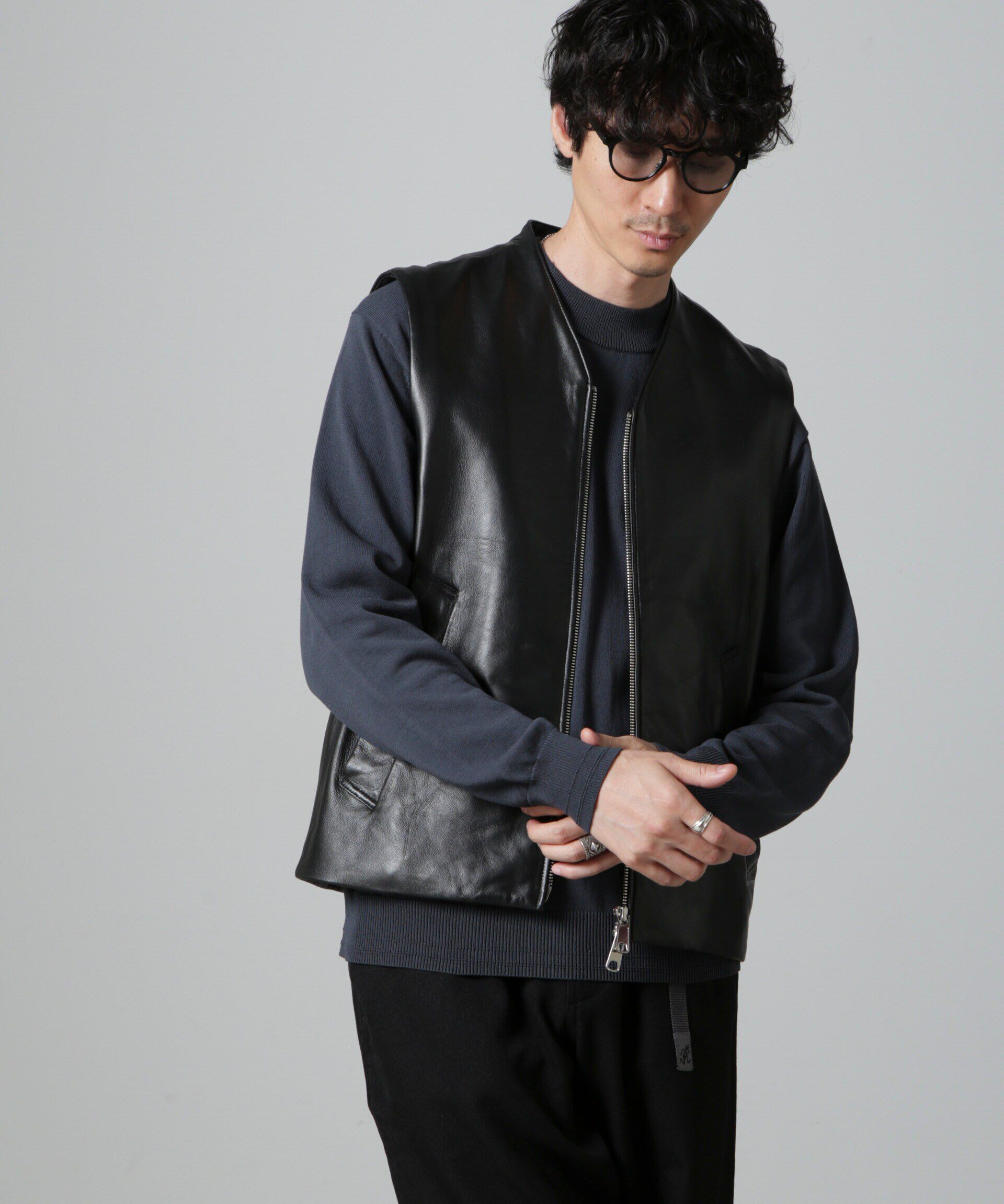 nano･universe「Lamb nappa ジップレザージレ」|ダウンベスト・ベスト|