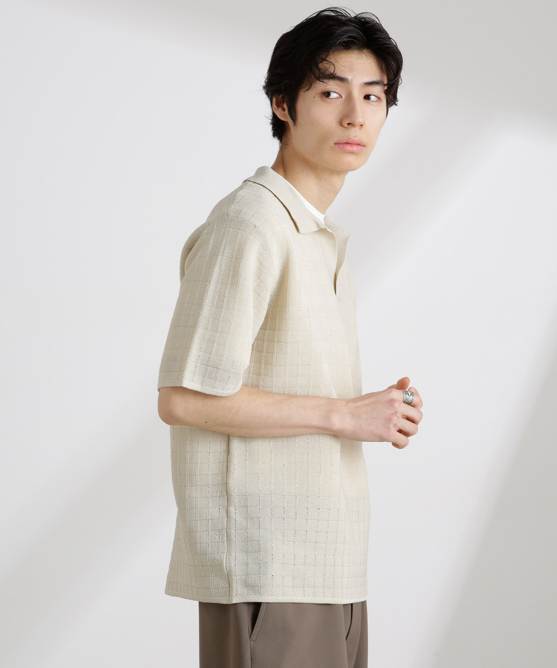 nano･universe「透かし編みスキッパーニット 半袖」|ニット・セーター|ベージュ