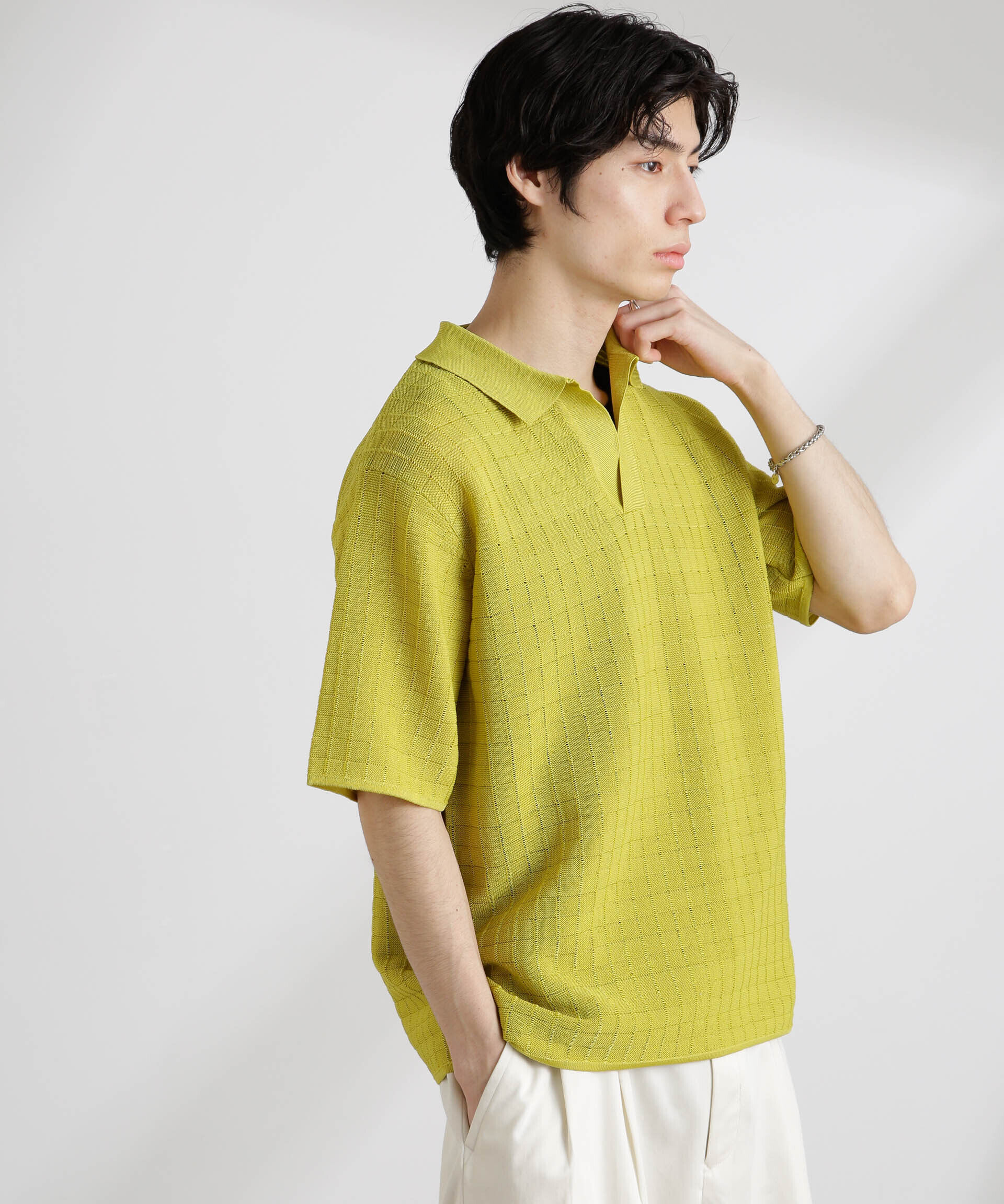 nano･universe「透かし編みスキッパーニット 半袖」|ニット・セーター|ライムグリー 1