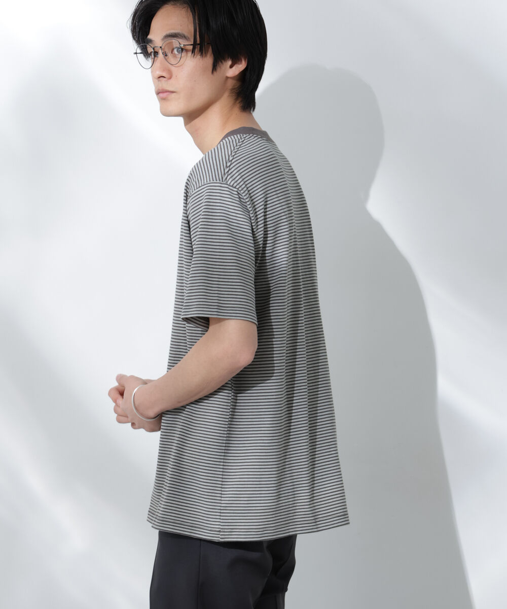 nano･universe「Anti Soaked(R)  汗染み防止 ボーダーミドルシルエットTシャツ」|Tシャツ・カットソー|L.カーキ1