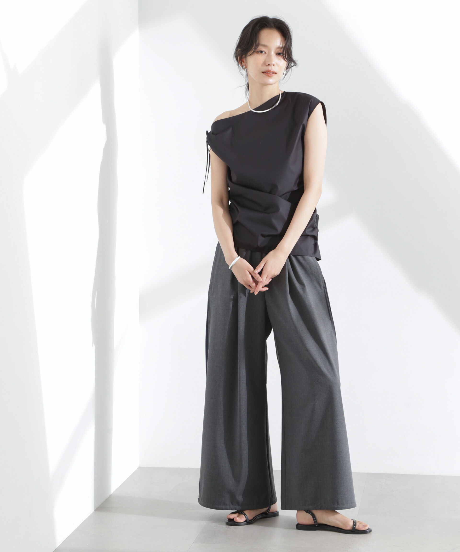 nano･universe「アシンメトリーギャザートップス」|シャツ・ブラウス|