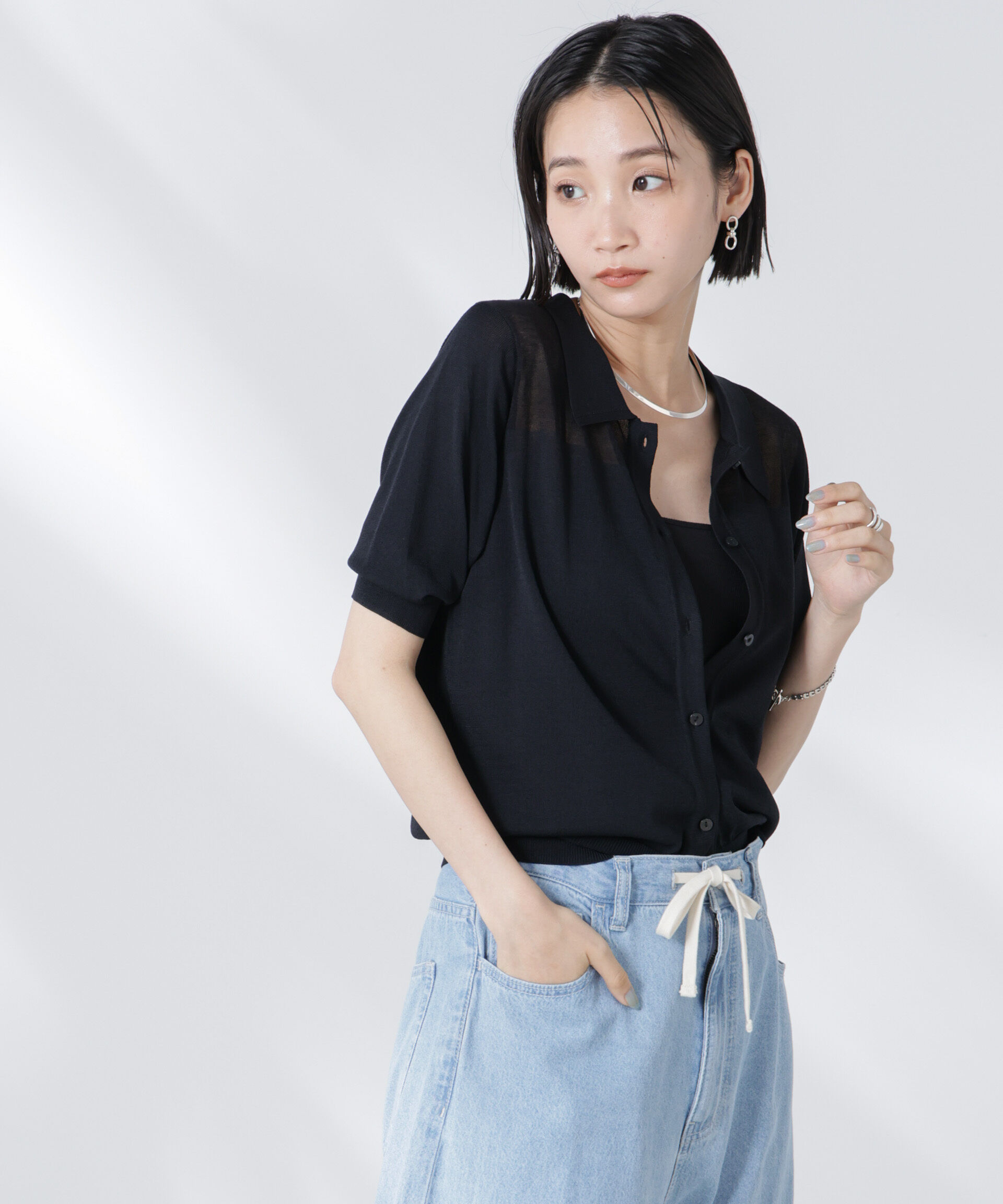 nano･universe「シアー切り替え半袖ニットカーディガン」|ニット・セーター|ブラック