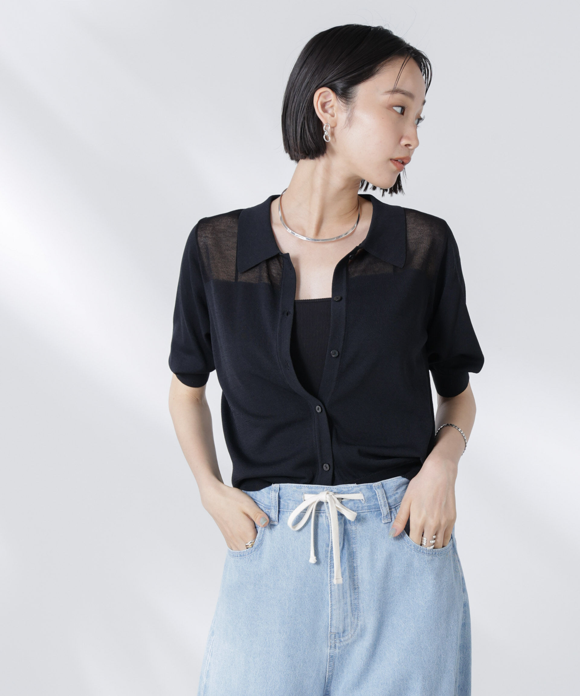 nano･universe「シアー切り替え半袖ニットカーディガン」|ニット・セーター|