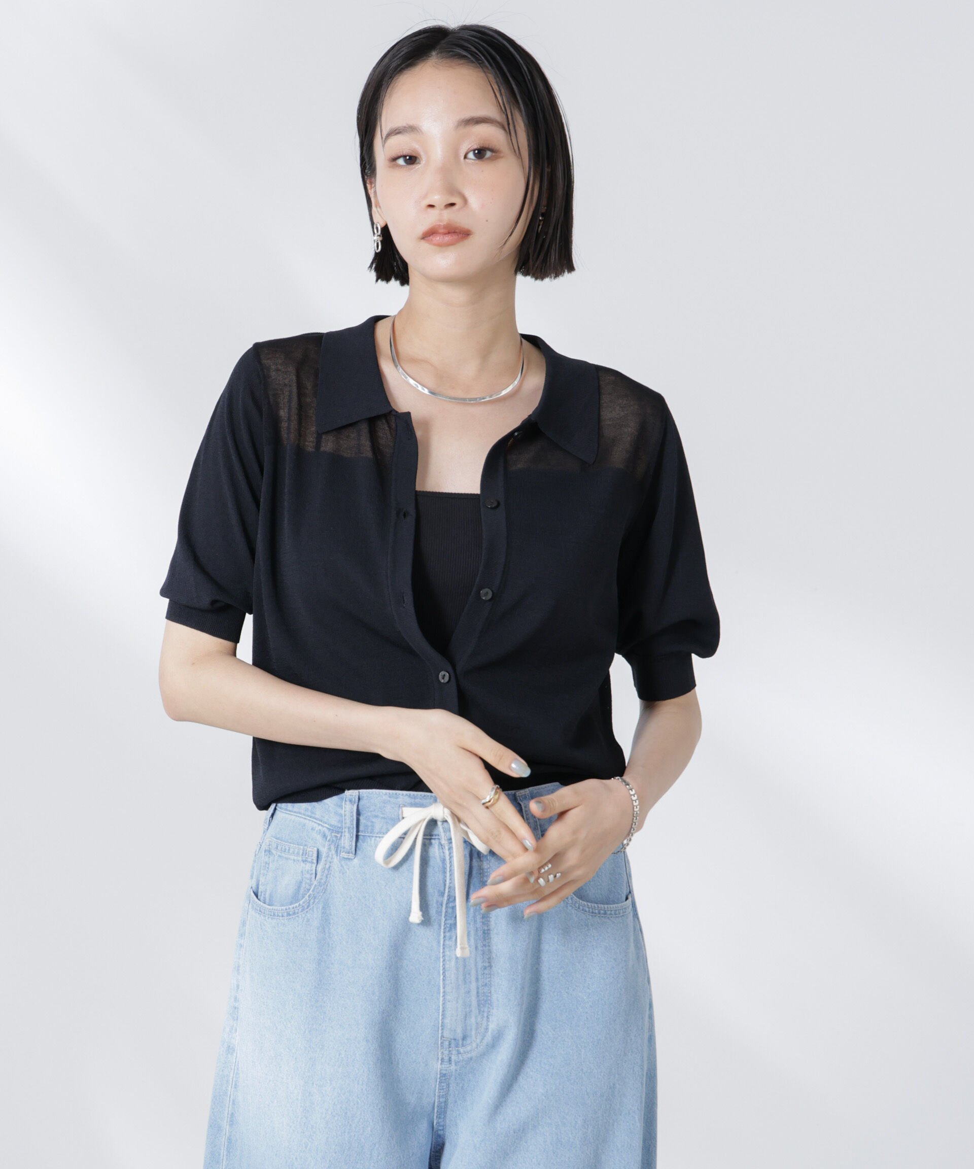 nano･universe「シアー切り替え半袖ニットカーディガン」|ニット・セーター|