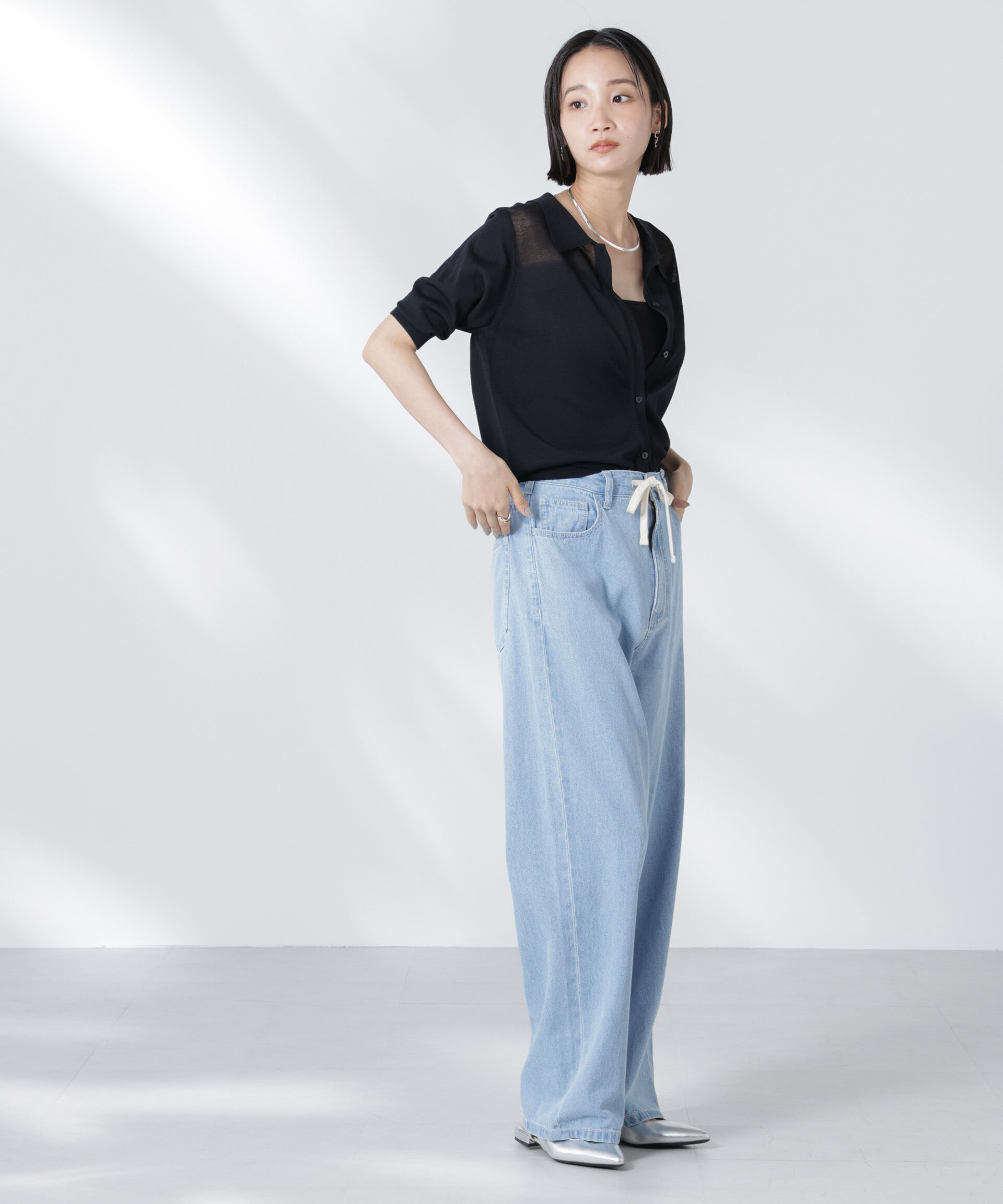 nano･universe「シアー切り替え半袖ニットカーディガン」|ニット・セーター|