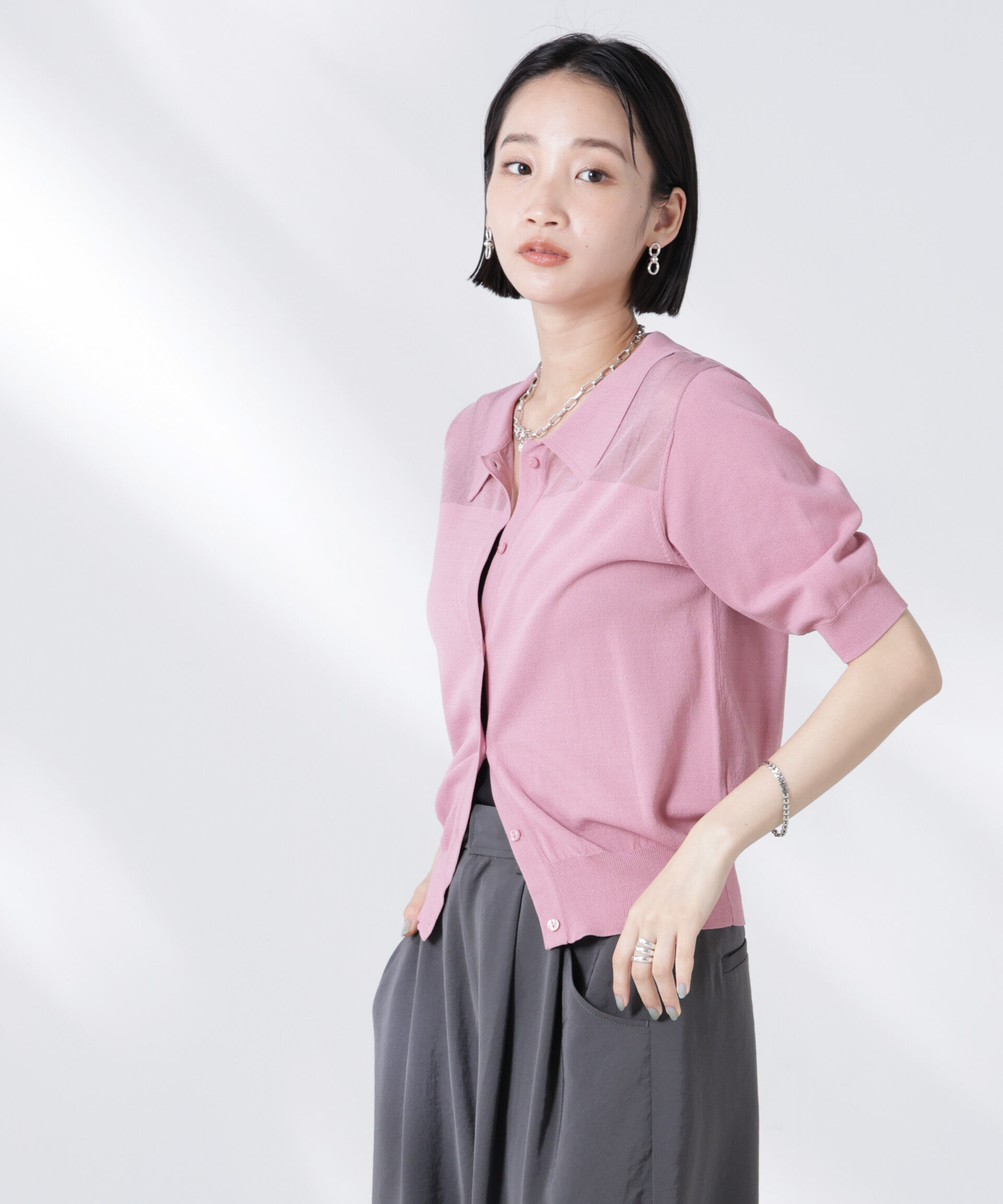 nano･universe「シアー切り替え半袖ニットカーディガン」|ニット・セーター|