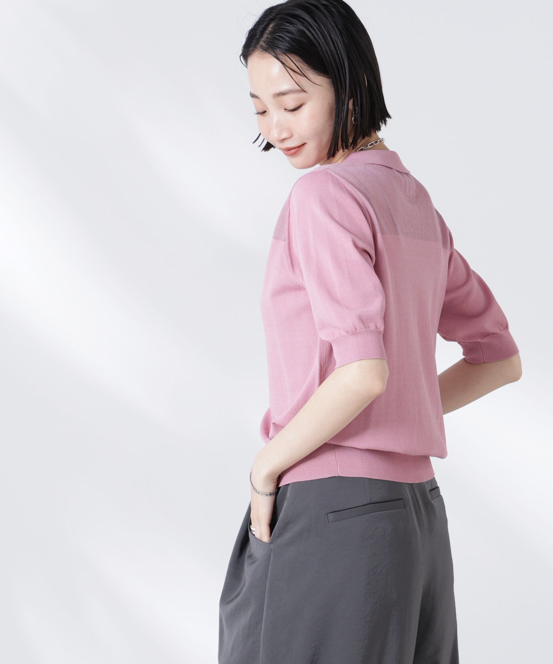 nano･universe「シアー切り替え半袖ニットカーディガン」|ニット・セーター|