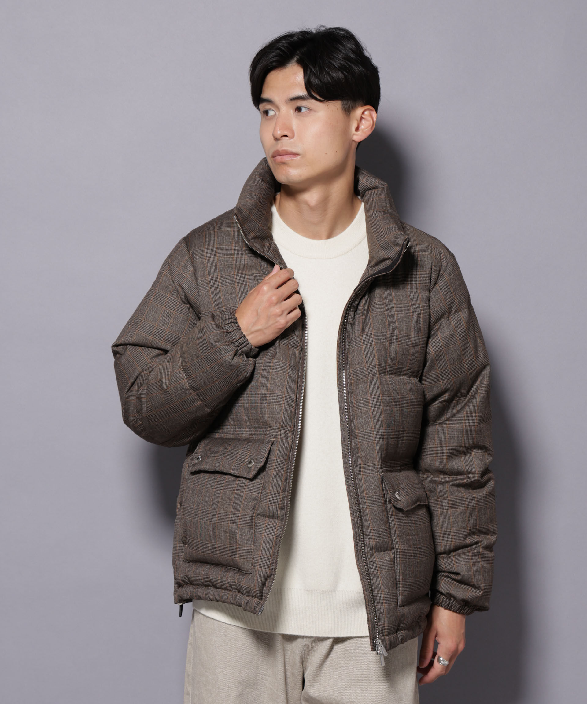 nano･universe「DELEGANTE エアリーサキソニー／グレンチェックTAIONダウンジャケット」|ダウン|