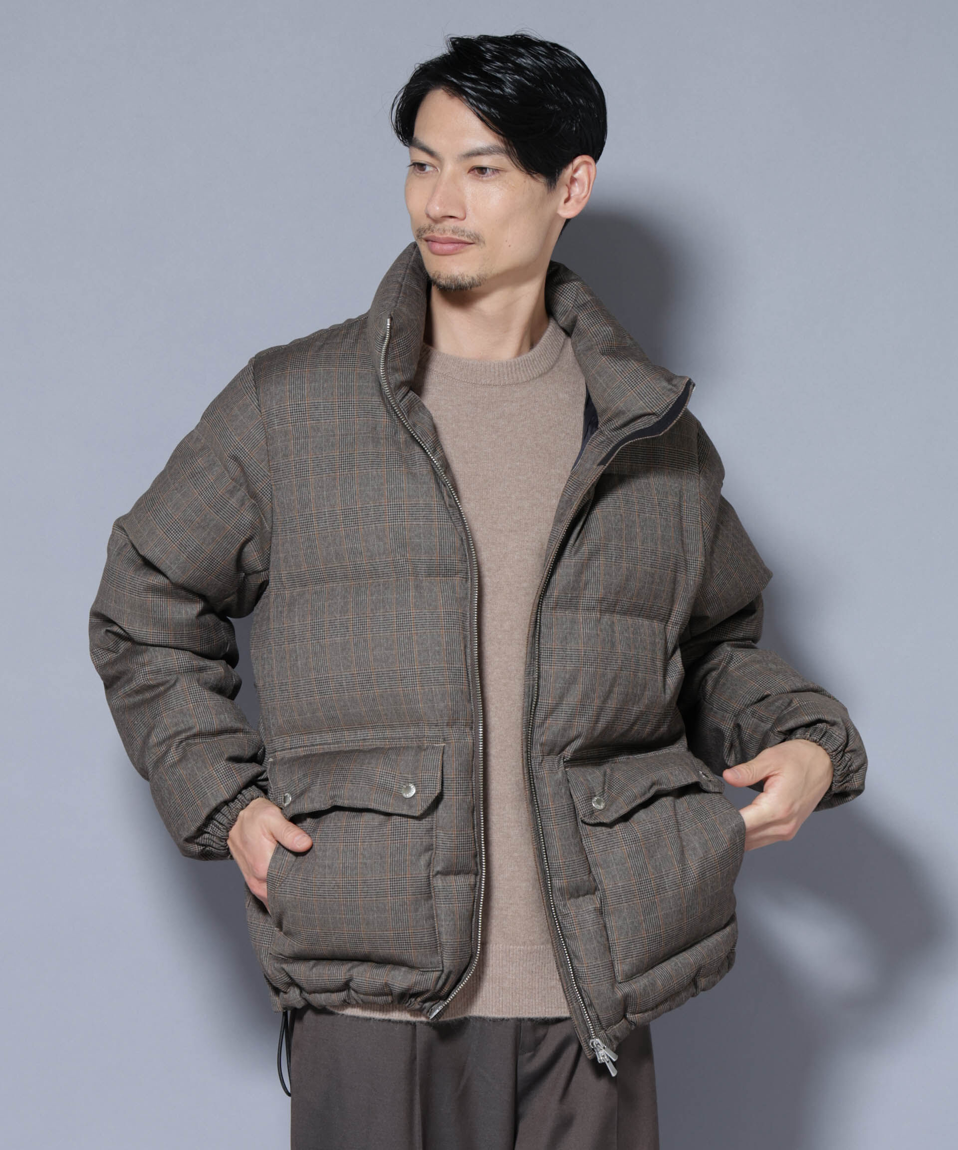 nano･universe「DELEGANTE エアリーサキソニー／グレンチェックTAIONダウンジャケット」|ダウン|